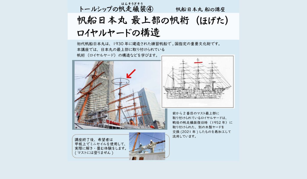1/25(日)船の講座 トールシップの帆走艤装④　「最上部の帆桁（ロイヤルヤード）の構造」参加者募集